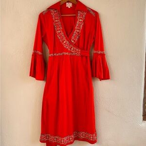 Vintage Y2K Flamenco Orange-Red Embroidered Dress – Labeled XL (Runs Small)